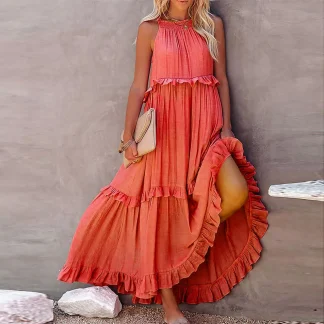 Halter Solid Color Ruffle Dresses