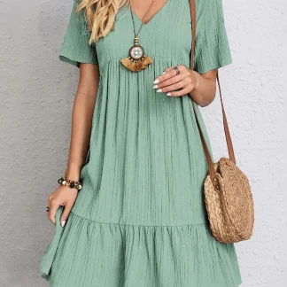 V-neck Casual Solid Ruffle Dresses